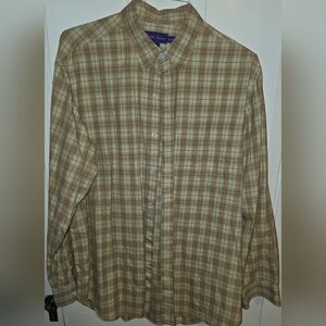 RALPH LAUREN PURPLE LABEL MENS XL LUXURY SHIRT BEIGE BROWN CHECK ITALY